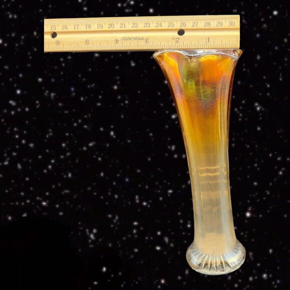 Mid Century Carnival Swun Ribbed Vase Iridescent Glass Vase Marigold 8.5”T 3”W - Picture 3 of 11